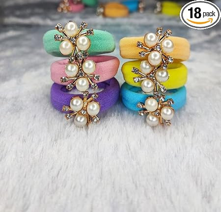 Elina Designer Pastel Color Ponytail Holder Fancy Luxury Pearl Beads Elastic Soft Cotton Rubber Bands for School Baby Girls/Women, Hair tie (Pack of 18)(Light pastel)
