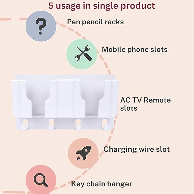 WALLVIEW TECH Plastic Wall Mount Mobile Holder with Remote Control Storage Racks, Key Hanger, Pen Holder Space/Self-Adhesive/Multi Purpose Accessories (White)