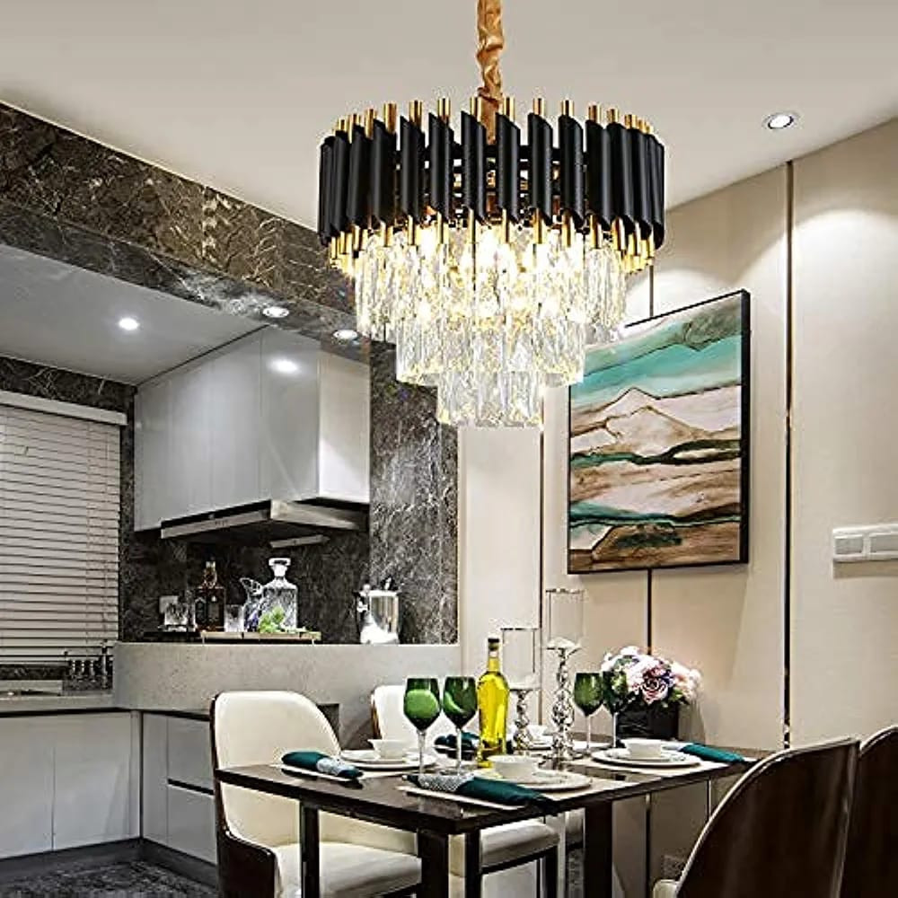 jagat janni enterprises 400MM Stainless Steel Tube Crystal Chandelier Lamp (Gold Black, Warm White, M8309)