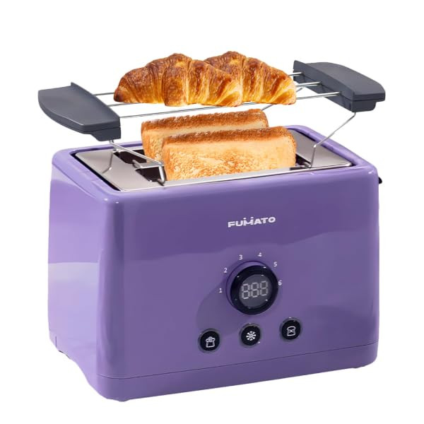 FUMATO 1000W 2 Slice Toaster- Bun Rack, 6 Heat Modes, Automatic Pop Up, Removable Crumb Tray, Stainless Steel, Extra Wide Slots, Reheat, Defrost & Mid Cycle Cancel, Hi-Lift & 1 Year Warranty- Pink