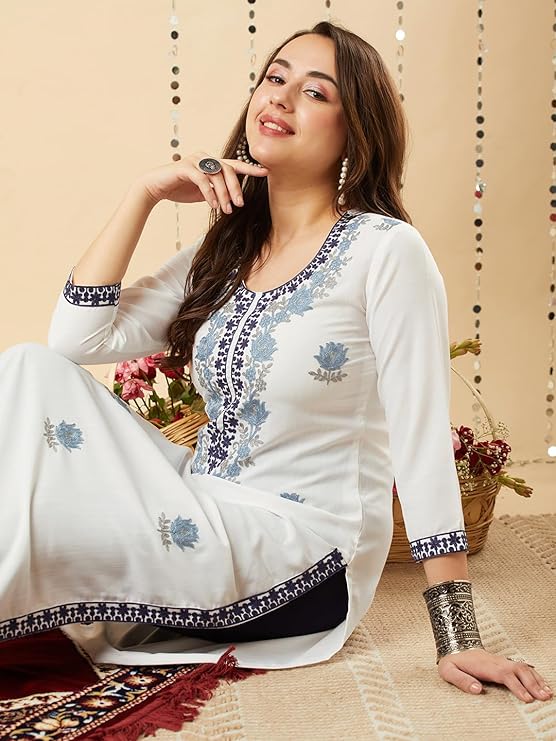 GoSriKi Women's Cotton Blend Chikankari Embroidered Straight Kurta