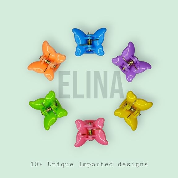 Elina Fancy Mini Hair Clips Designer Cute Claw Clips Small Flower Butterfy Accessories for Girls, Women/Baby Kids (10+ Designs : 6 multi colors)