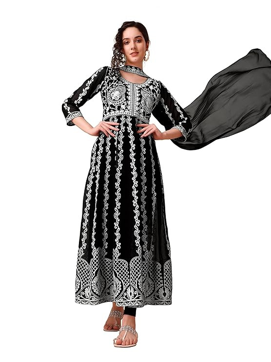 EthnicJunction Women's Silk Embroidered  Thread Work Chinon A-Line Kurta Pant With Dupatta