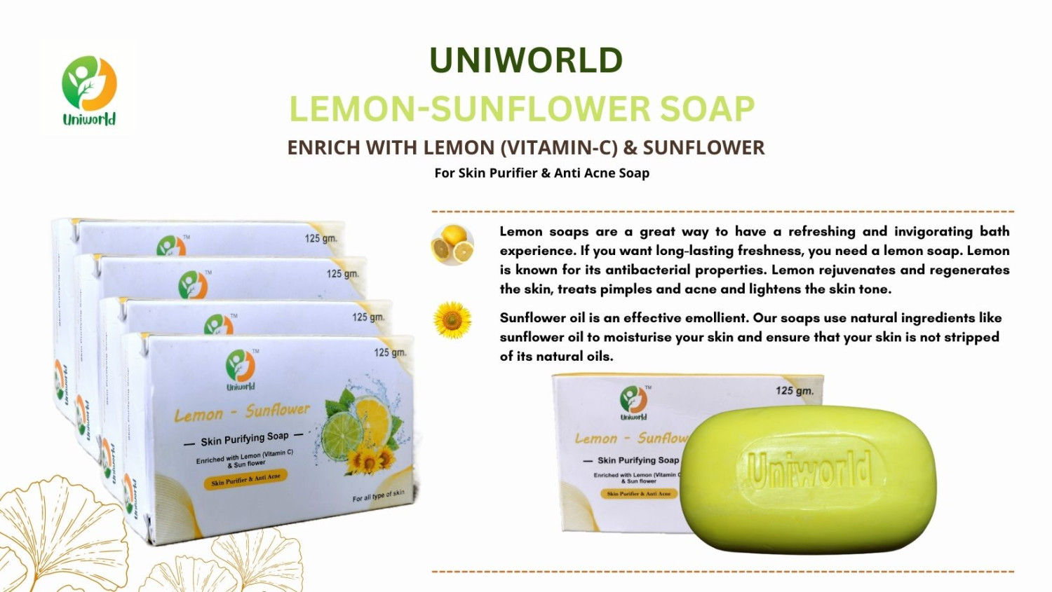 LEMON SUNFLOWER   SKIN PURIFYING & ANTI ACNE SOAP : "GRADE 1 "  125 GM X PACK OF 4