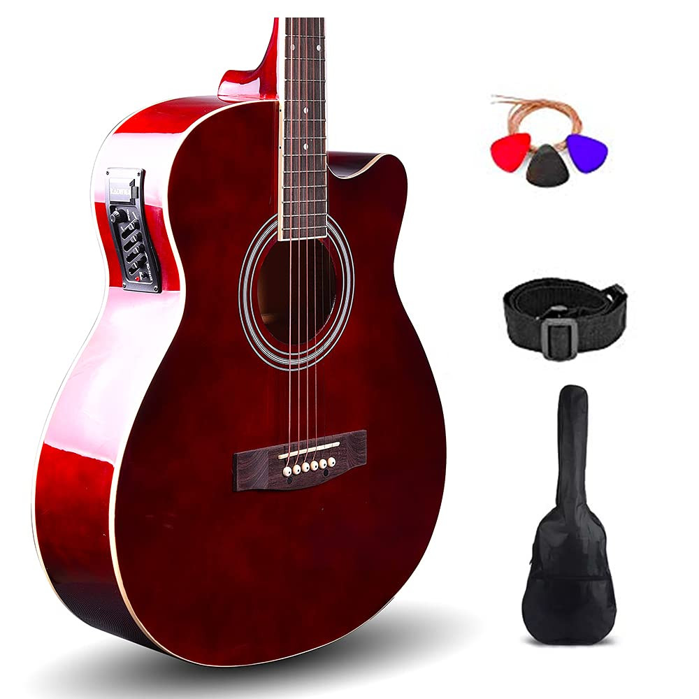 Kadence Frontier Semi Acoustic Guitar 40" with Learning Course, Die cast keys with Combo (Bag,strap,strings And 3 picks) (Brown, Electric Acoustic)