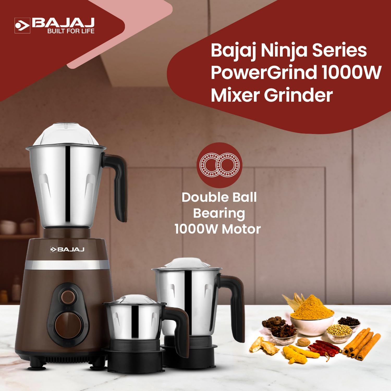 Bajaj Ninja Series Powergrind 1000 W Mixer Grinder With 3 Jars (Stainless Steel Jars) | DuraCut Blades For Lifetime Grinding | Double Ball Bearing 1000W Motor | 1 Yr Warranty【Brown/Chrome】