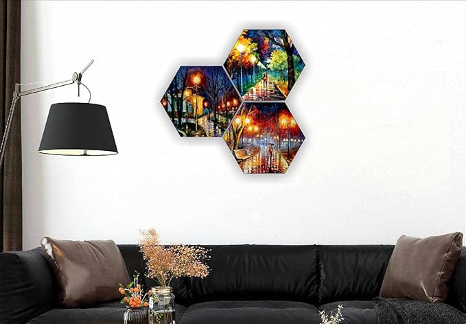 SAF paintings couple walking UV Textured MDF Set of 3 Hexagon Painting 17 Inch X 17 Inch SANFHX128