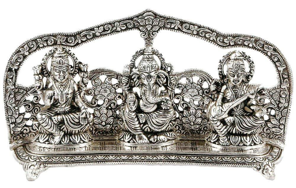 INTERNATIONAL GIFT® Silver Laxmi Ganesh Sarswati Idol Statue Oxidized Finish with Red Velvet Box Packing with Beautiful Carry Bag (14 cm X 25 cm X 5 cm)