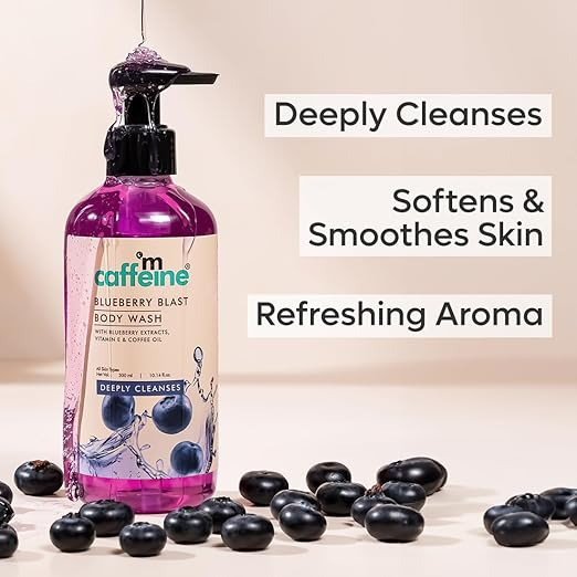 mCaffeine Blueberry Blast Body Wash with Fruity Fresh Blueberry Long Lasting Fragrance | Deep Cleansing & Detan for Soft & Smooth Skin | Shower Gel | For All Skin Types | For Men & Women - 300 ml