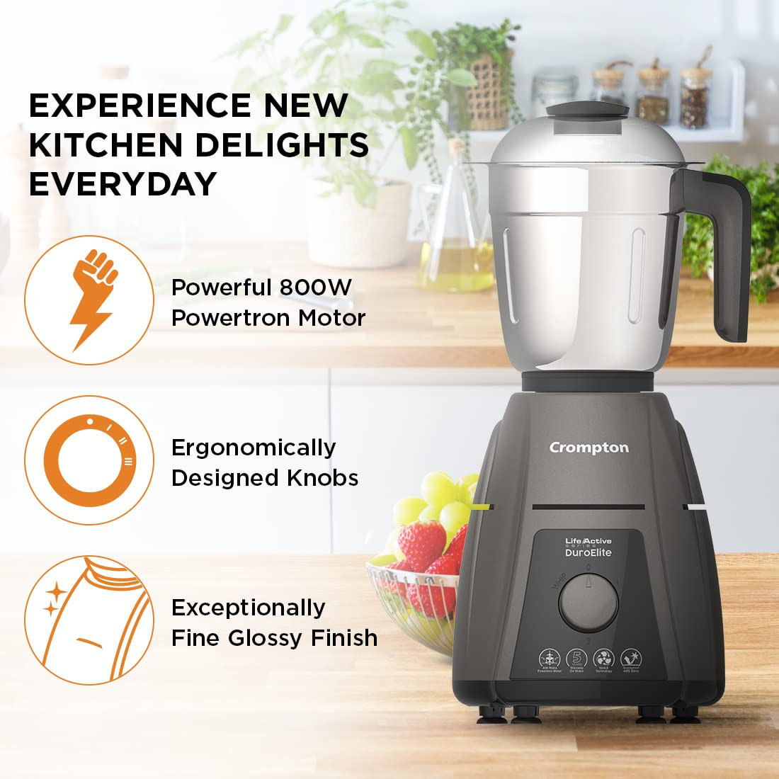 Crompton DuroElite 800Watt Mixer Grinder with Motor Vent-X Technology (3 Stainless Steel Jars, Mettalic Finish)