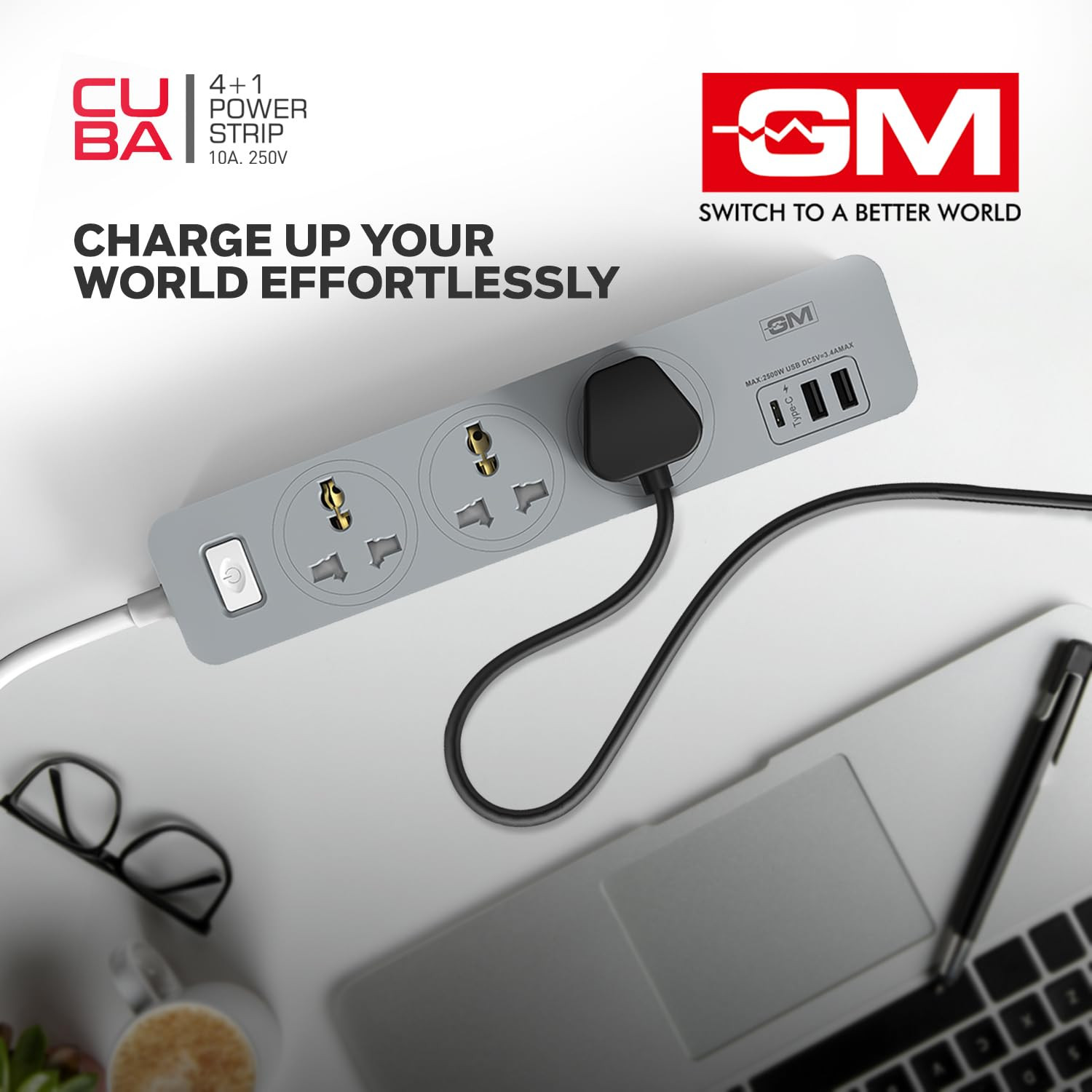 GM Cuba 3341 Power Strip with USB Type–C I Extension Cord with Surge Protection I Spike Guard I Fireproof Body Upto 750 Degree I 1.8M Cord I 3.4A Max Power Output I 3 International Sockets