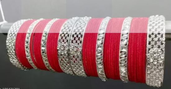 Traditional silver Plated Red colour stone craft Bangle set