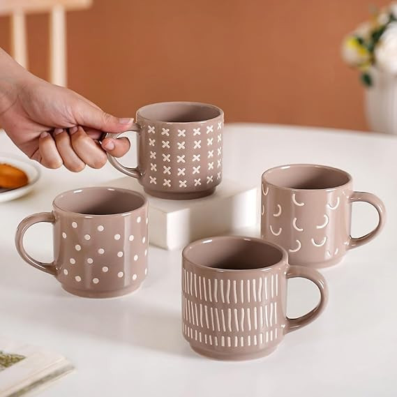 Nestasia Stackable Ceramic Cups Set of 4 (220 ml) | Microwave & Dishwasher Safe Tea & Coffee Mugs with Glossy Finish | Ideal for Gifting (Beige)