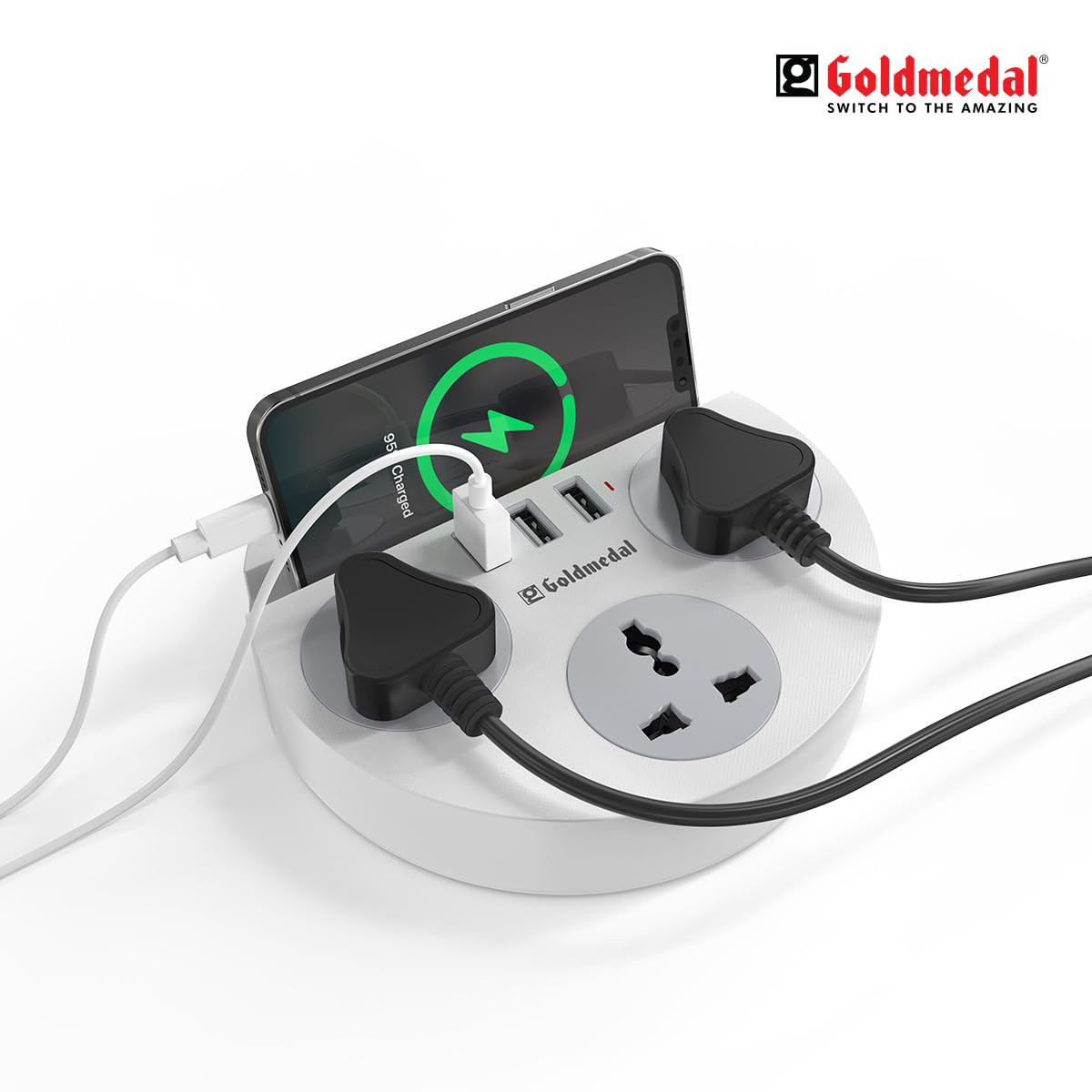 Goldmedal Zippo 1.5 Meter Cable Power Strip with 3 Charging USB Ports, Master Switch with Indicator, 3 Outlet International Socket, Compatible with All Devices, Pack of 1 for Home & Office (White)