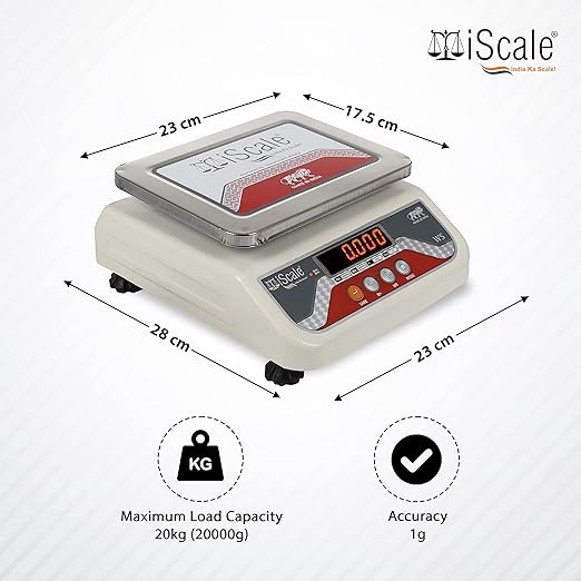 iScale i-03 20kg x 1g Digital Weighing Scale with Front and Back Red Double Display, Small Stainless Steel Pan, 7x9" for Kirana shop, Grocery Store and factory (Off-White)