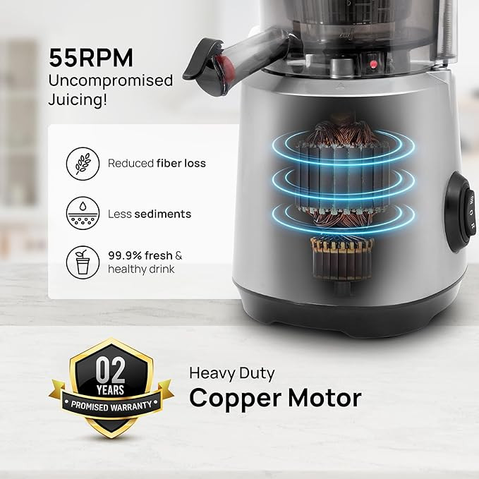 Wipro Vesta FS101 Cold press slow juicer|240W 100% Copper DC motor for efficient juicing|All in one fruit & vegetable juicer|Nut milk and sorbet maker|76mm wide Chute|250ml Juicing bowl