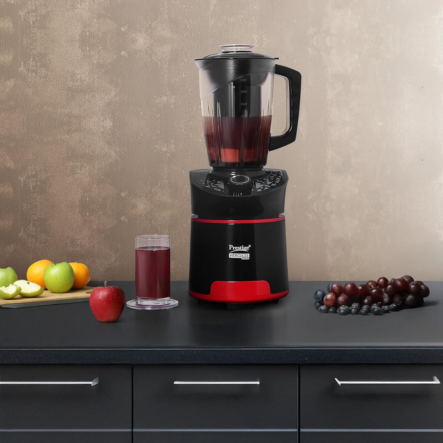 Prestige 1000 Watts Hercules with 4 Jars (3 Stainless Steel Jars + 1 Juicer Jar)| Juicing and Blending Jar with Sieve| Pure Copper Motor| Flow-Breaker Design |4 Super Efficient Blades| Red & Black