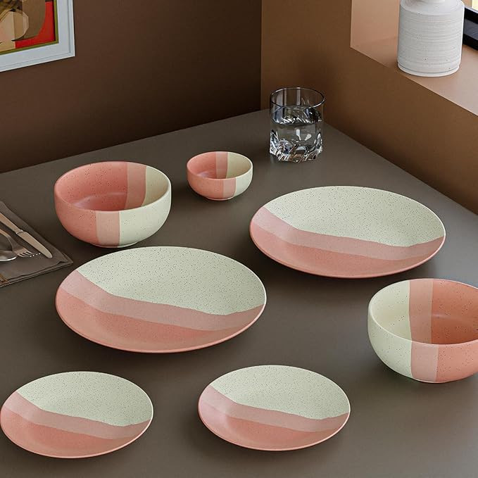 The Earth Store Handcrafted TT Pink Matte 21 Piece Ceramic Dinner Set, 6 Full Dinner