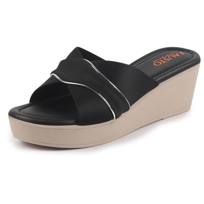 FAUSTO Women's Silver Lining Open Toe Cross Strap Wedge Slip On Sandal With Cushioned Footbed|Sandal For Party|Festive|Wedding