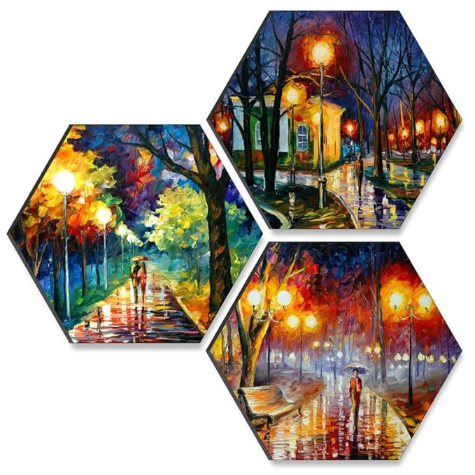 SAF paintings couple walking UV Textured MDF Set of 3 Hexagon Painting 17 Inch X 17 Inch SANFHX128