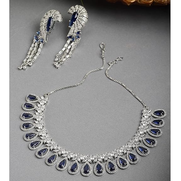 ZENEME Rhodium Plated Silver Toned White American Diamond Studded Necklace With Earring Jewellery Set For Woment and Girl