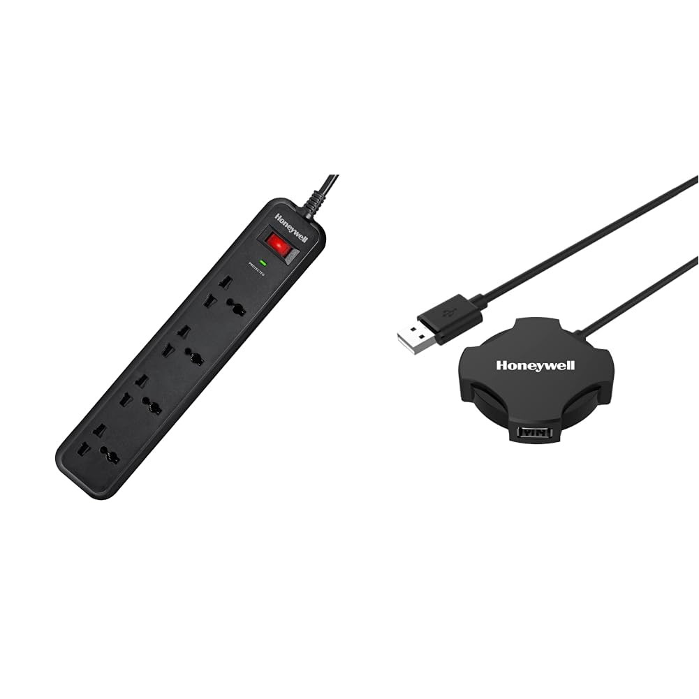 Honeywell Surge Protector, 4 Universal Sockets,15000Amp, 2 Meter Cord, Device Secure Warranty, Autom