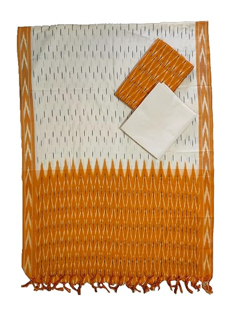 Pochampally Ikat Women Unstitched Cotton Dress Material Suit set - Yellow & Off White - VISS093