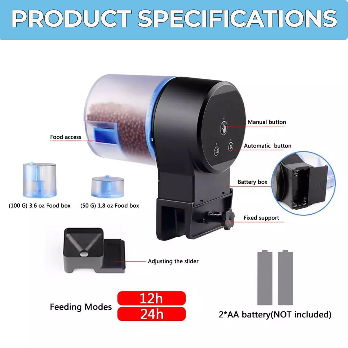 rizopets Acrylonitrile Butadiene Styrene Automatic Fish Feeder, Two Mode Fish Tank Food Dispenser For Fish & Turtle, Aquarium Auto Feeding On Vacation&Weekend (2 Time Fish Feeder)8 cm,H_12 cm,W_14 cm