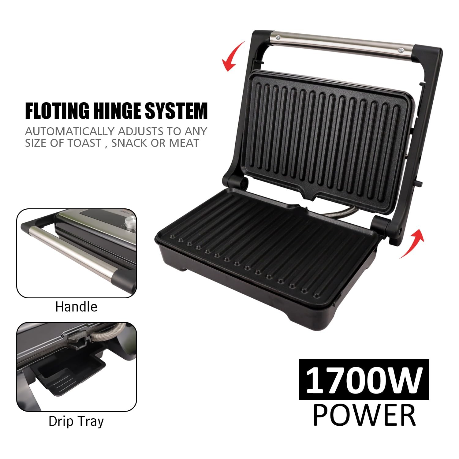 iBELL SM1700G Sandwich Maker with Floating Hinges, 1700Watt, 180 Degree Openable Plates for Grill/Toast, Temperature Control Knob (Black)