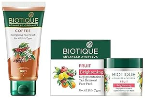 Biotique Coffee Energizing Face Wash 150ml | Purifies Skin, Unclog Pores | Paraben & SLS Free & Biotique Fruit Brightening Depigmentation & Tan Removal Face Pack, 75gm