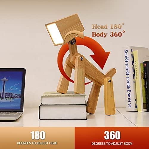 Artistic Gifts Wooden Dog Lamp for Study, Reading, Kids Room, Bedroom| Rechargeable Table Lamp Night Light for Kids Gift, Students| Adjustable, Dimmable, 360° Rotation| Cute Animal Desk Lamp. Natural