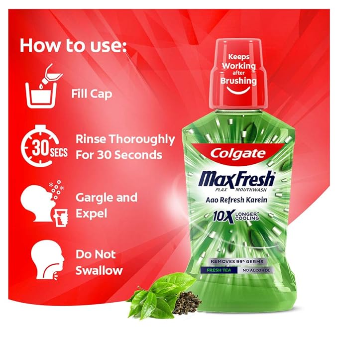 Colgate MaxFresh Plax Fresh Tea Mouthwash, 10x longer cooling, 0% Alcohol - Pack of 500 ml