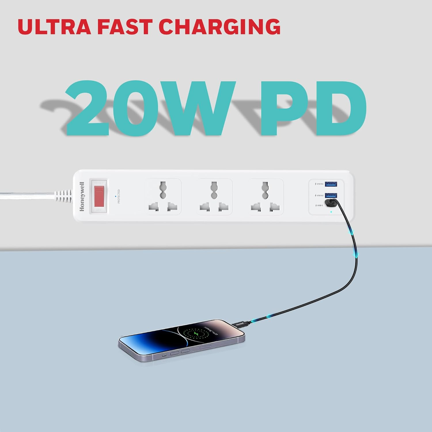 Honeywell 3 Out Surge Protector with Master Switch, Spike Guard/Extension Board, 3 Outlet, PD20W & 2xUSB, 13500Amp, 1.8 Meter Cord, DSW, Automatic Overload Protection, 3 Years Manufacturer Warranty