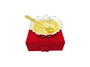 INTERNATIONAL GIFT® German Silver Brass Round Bowl Set with Tray and Spoon with Royal Royal Luxury Velvet Box Used for Dry Fruit, Sweets and Home Decor