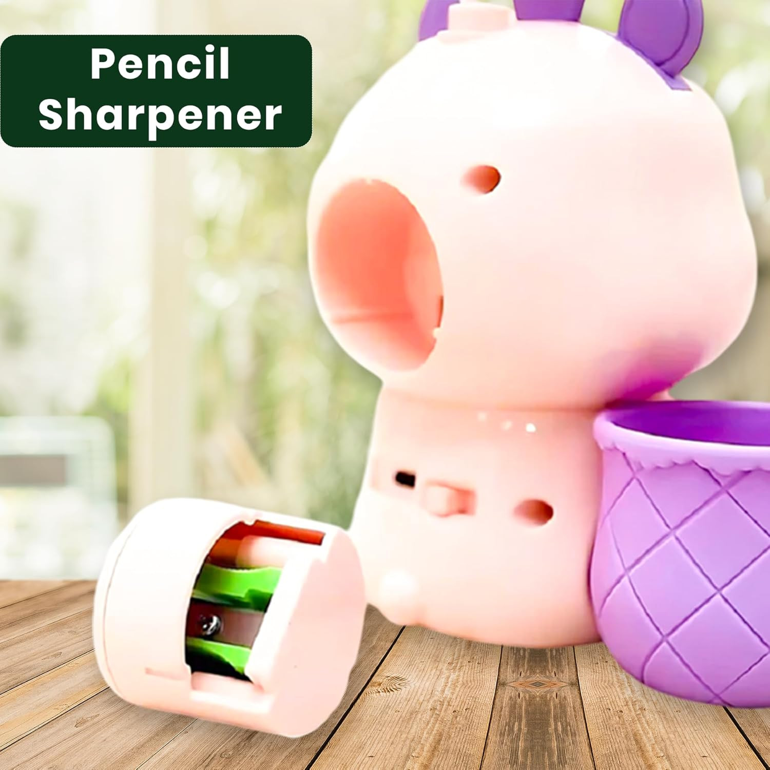 WISHKEY Plastic 3-In-1 Led Desk Lamp With Pencil Sharpener&Pen Holder, Flower Shaped, Rabbit Theme, Dual Light Mode Rechargeable Study Desk Lamp,360° Flexible Hose Table Lamp For Kids,Pink(Pack Of 1)