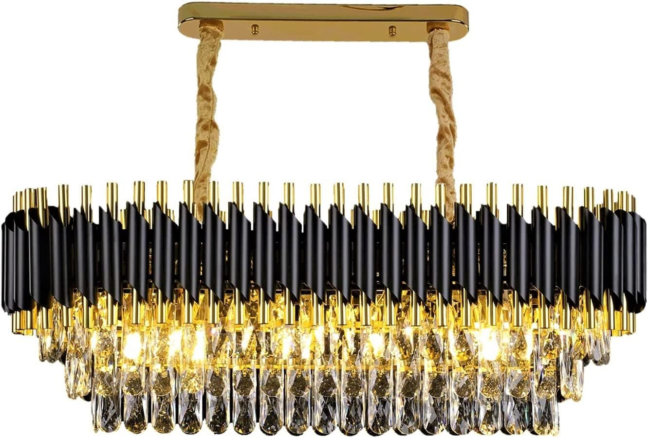 FLOSTON Modern Crystal Chandeliers Black Gold K9 Crystal 3 Tier Round Oval Crystal Chandelier Ceiling Light Fixture for Living Room and Hallway 600x300