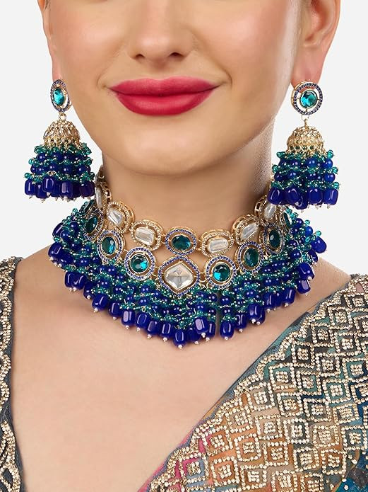 ZAVERI PEARLS Blue Green Stones Cluster Beads Diamonds Choker Necklace & Earring Set For Women-ZPFK18219