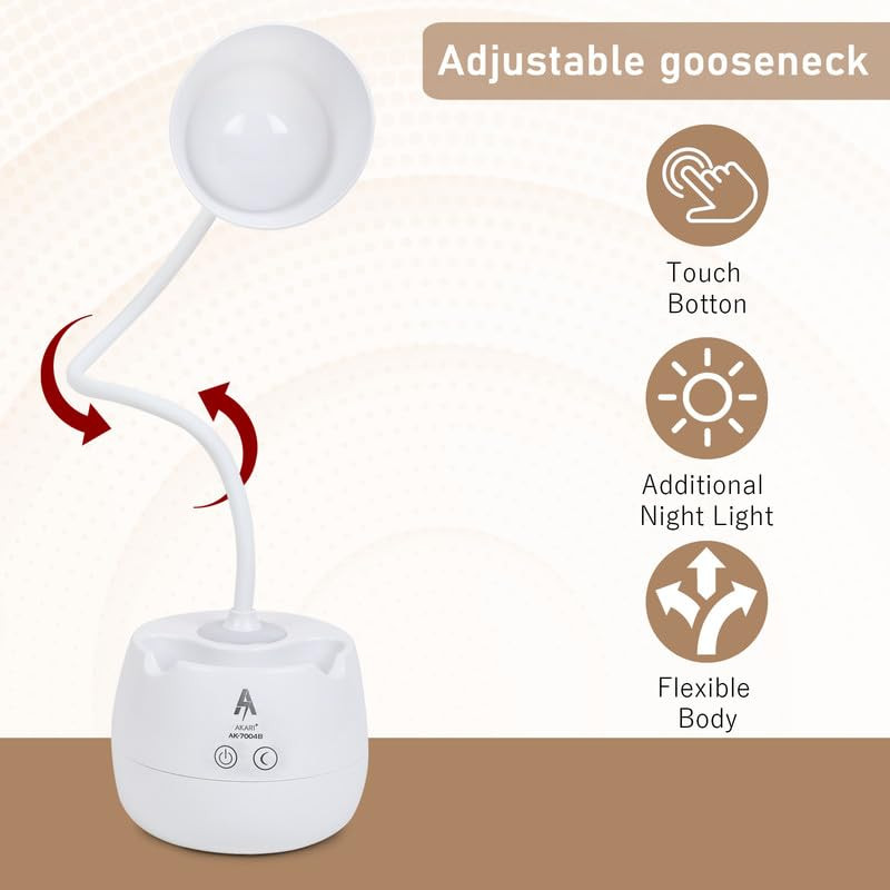 SaleOn Desk Lamp 3 Color Light Mode & Dual Light Touch LED, Rechargeable Study Lamp with Stationary and Phone Holder with USB Charging, Dimmable Lamp with Eye Care, Flexible Gooseneck, Plastic, White