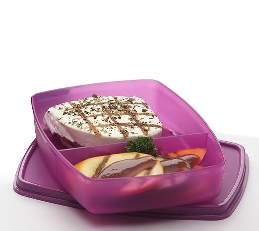 Signoraware Slim Compartment Lunch Box, Bpa Free Plastic, Microwave Safe Food Grade Tiffin Boxes for Office School, Leak Proof Air Tight Compact Dabba (340ml, Square, Purple, 2 Section Storage)