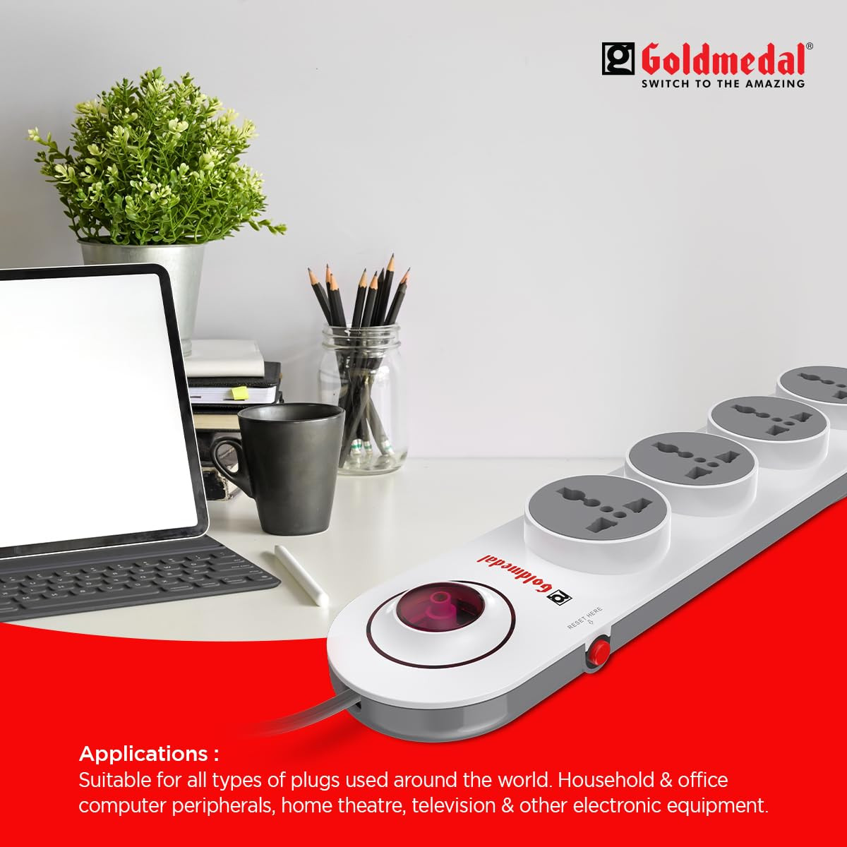 Goldmedal Logica 4X1 Spike Guard (White)–4 International Sockets,Suitable for All Type Plugs,2-Meter Cable,Master Switch with Indicator & Reset Switch with Surge Protector for Home&Office (Pack of 5)