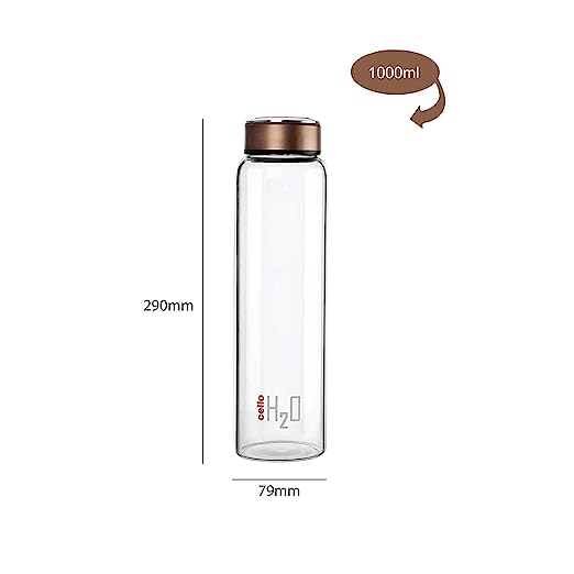 Cello H2O Glass Fridge Water Bottle with Plastic Cap, 920ml, Black, Set of 1