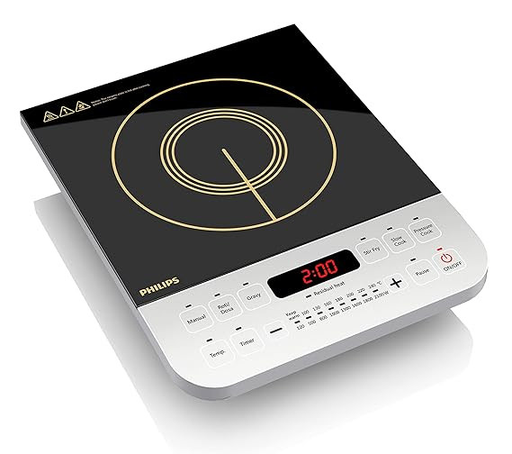 Philips Viva Collection HD4928/01 2100-Watt Induction Cooktop, Soft Touch Button with Crystal Glass (Black)