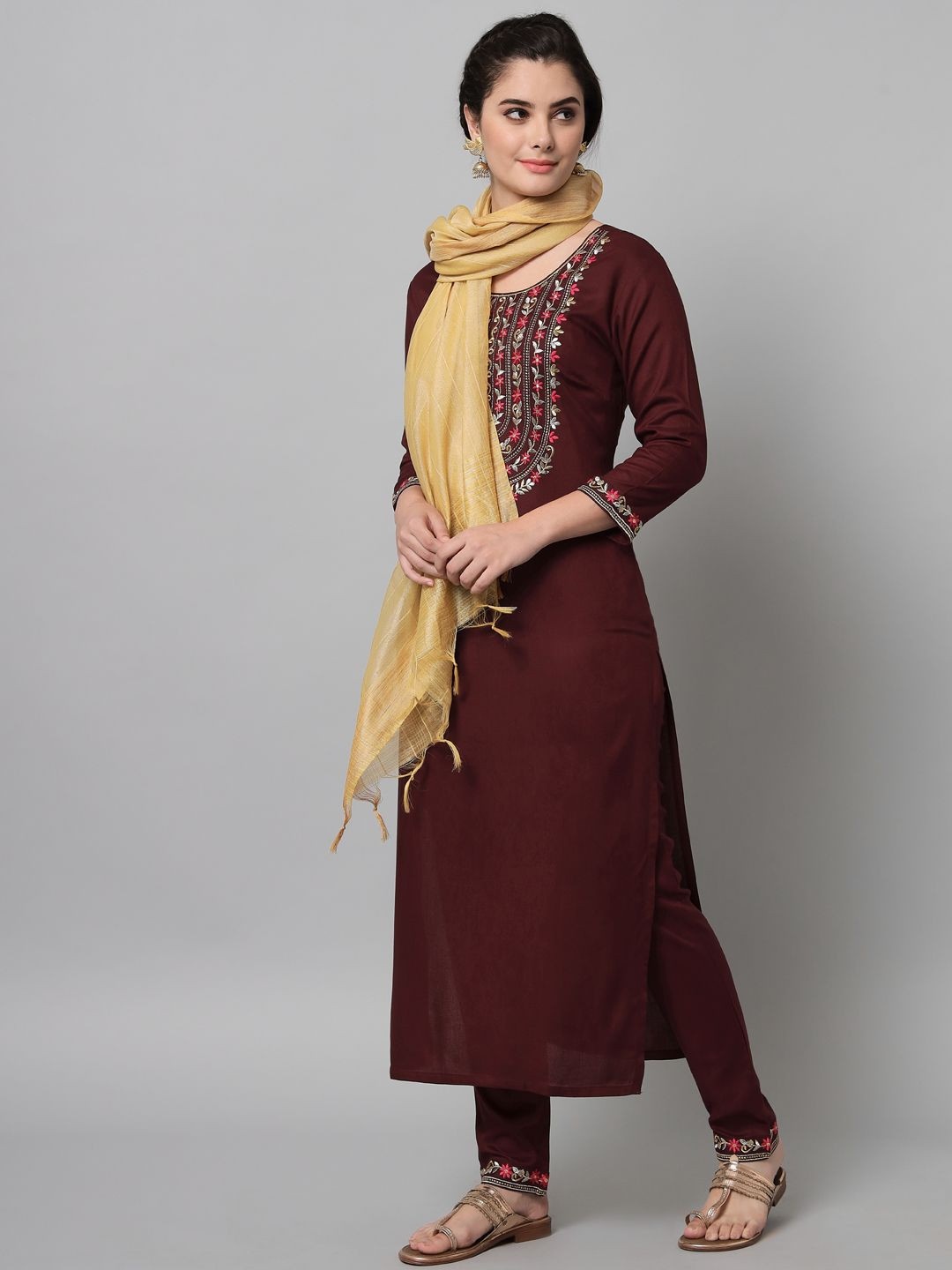 Wine and golden printed kurta and trouser set