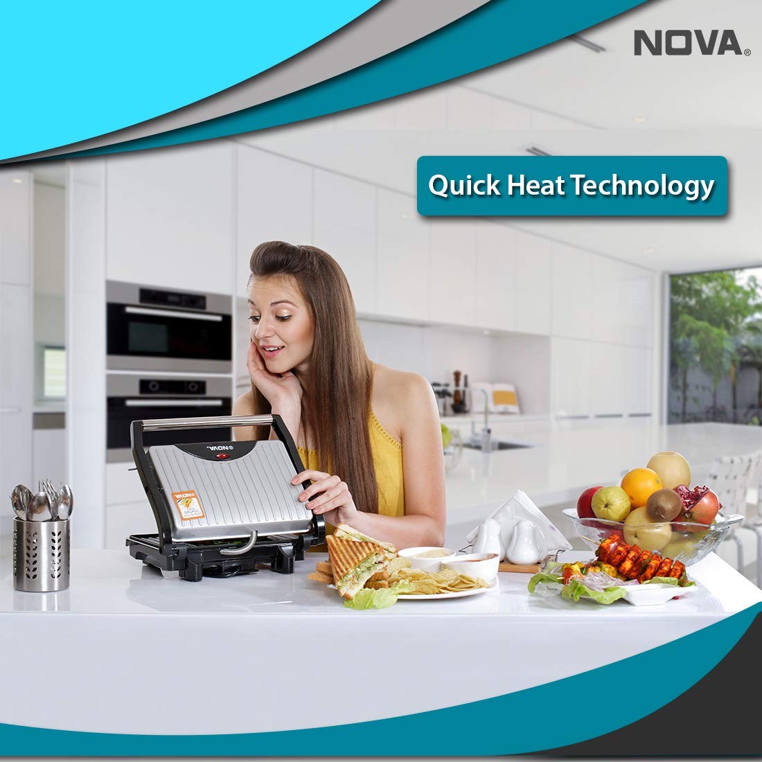 Nova NGS 2449 1000 Watt Panini Sandwich Grill Maker (Black/Grey), Plate Dimensions - 25.3 cm's Length / 17.8 cm's Width