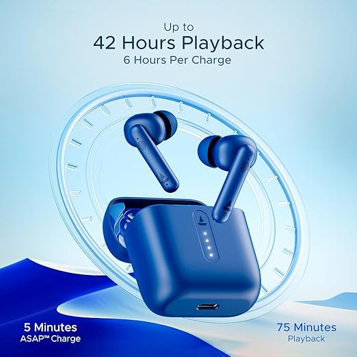 boAt Airdopes 141, Low Latency, ENx Tech, 42HRS Battery, Fast Charge, IWP, IPX4, v5.1 Bluetooth Earbuds, TWS Ear Buds Wireless Earphones with mic (Thunder Blue)