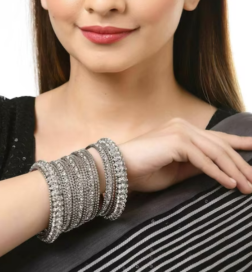 Beautiful silver Plated grey colour stone craft Bangle set