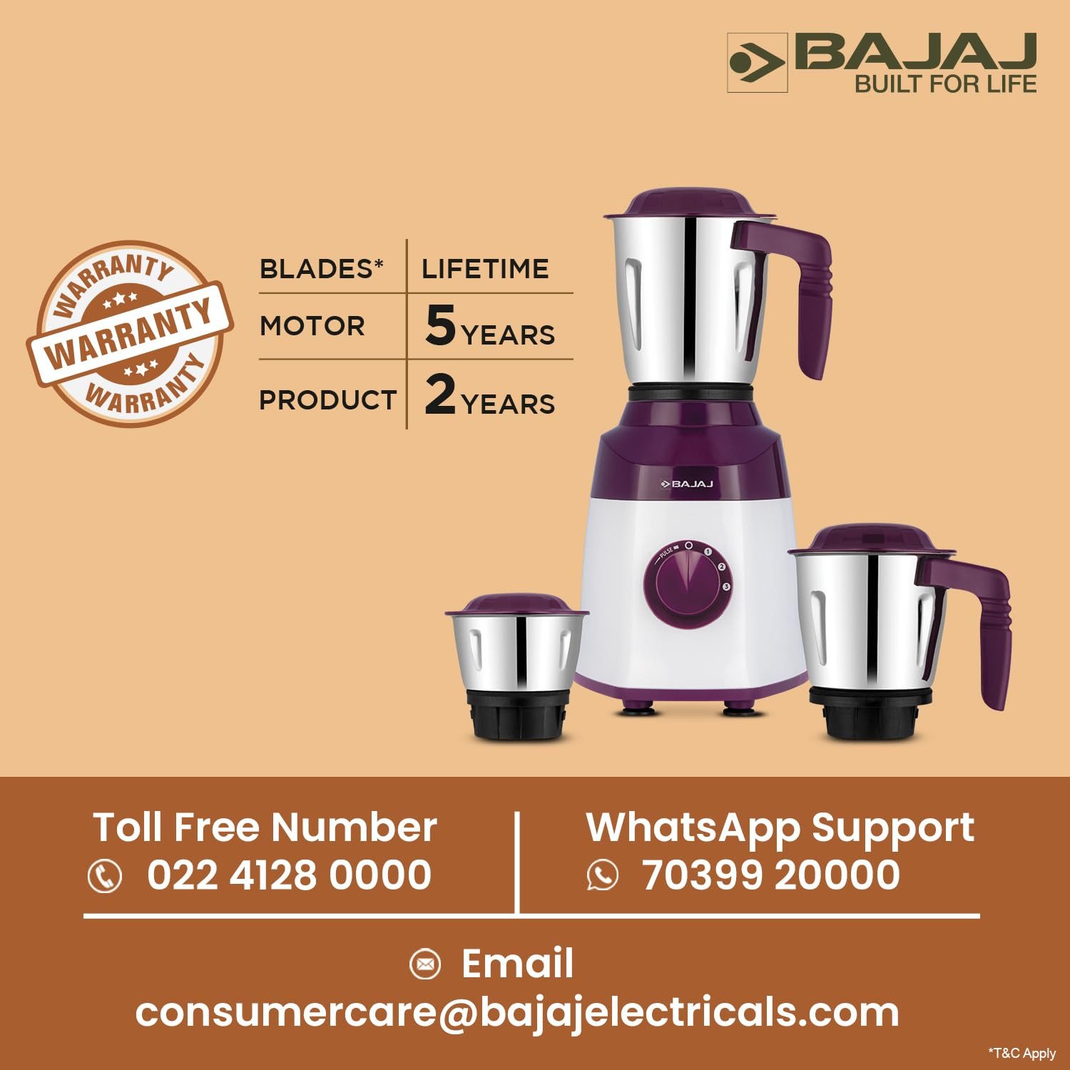 Bajaj Military Series Victor 500 Watts Mixer Grinder | 3 Jars | DuraCut Blades | 3-Speed Control With Pulse Effect Mixie | 2 Yrs Warranty 【White And Purple】