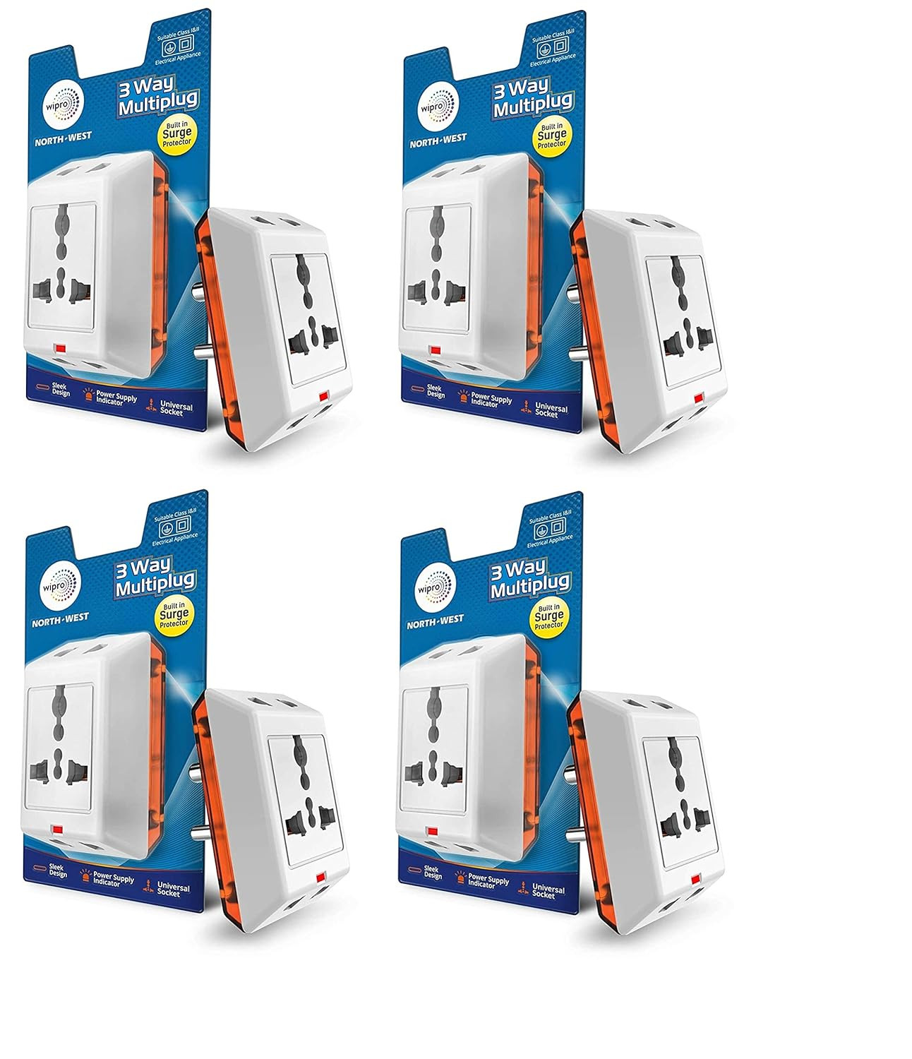 Wipro 3 Way Multiplug with Inbuilt Surge Protection (Pack of 4)