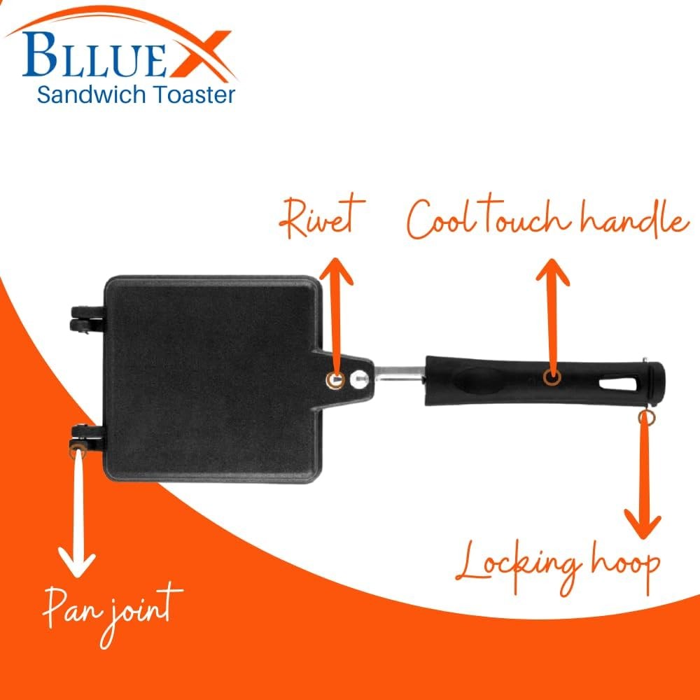 BLLUEX Gas Toaster with Heat Resistant Handle | 4 Cuts Non-Stick Grill Sandwich Maker | Compatible with Gas Stove | Cast Iron Grill Plates for Regular Use