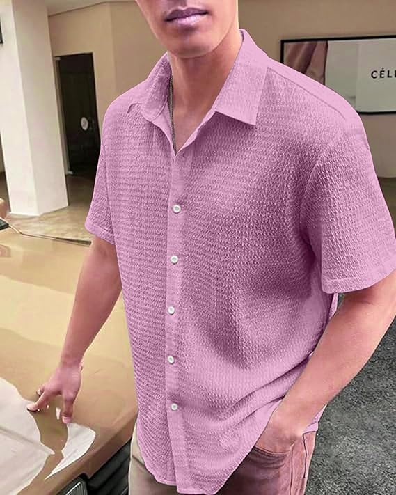 IndoPrimo Men's Regular Fit Self Design Spread Collar Casual Half Sleeve Shirt - Pop